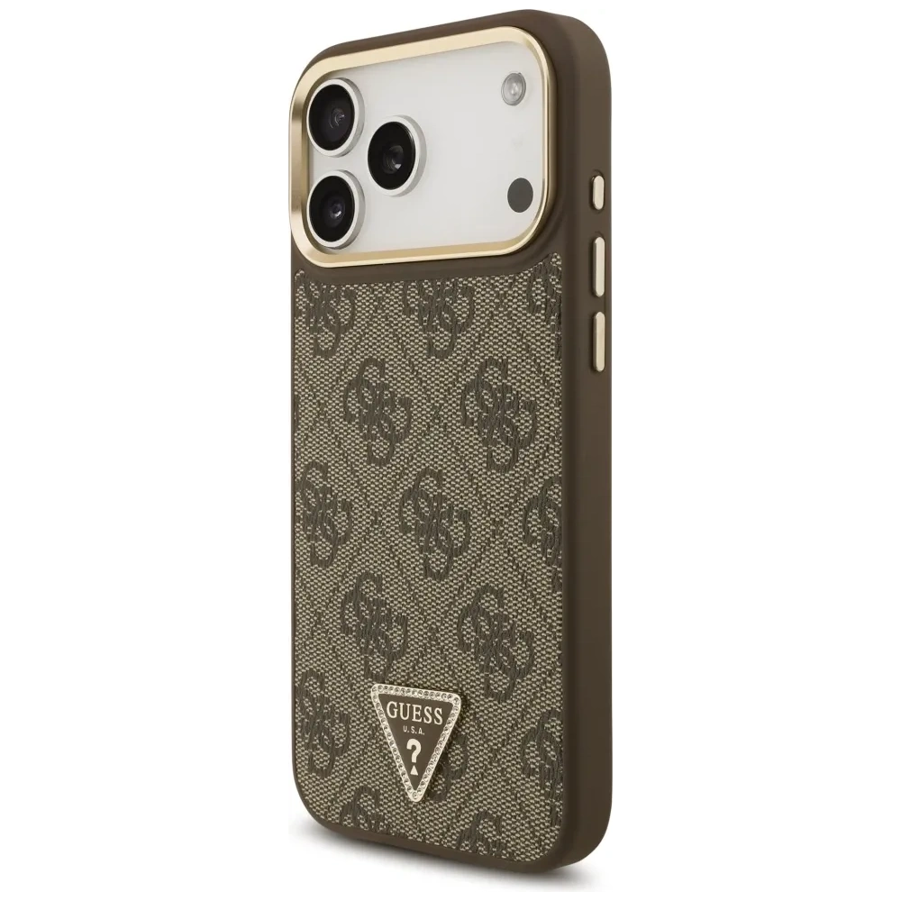 Etui Guess 4G Triangle Logo & Big Strap Metal Buttons MagSafe do Apple iPhone 17 Pro Max brązowy