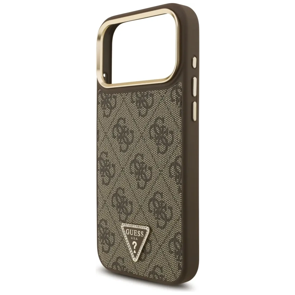 Etui Guess 4G Triangle Logo & Big Strap Metal Buttons MagSafe do Apple iPhone 17 Pro Max brązowy