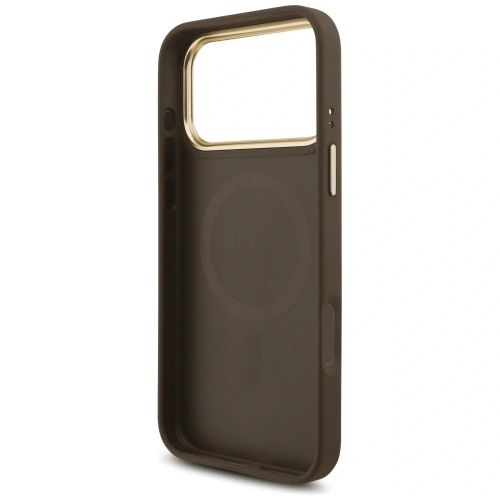 Etui Guess 4G Triangle Logo & Big Strap Metal Buttons MagSafe do Apple iPhone 17 Pro Max brązowy