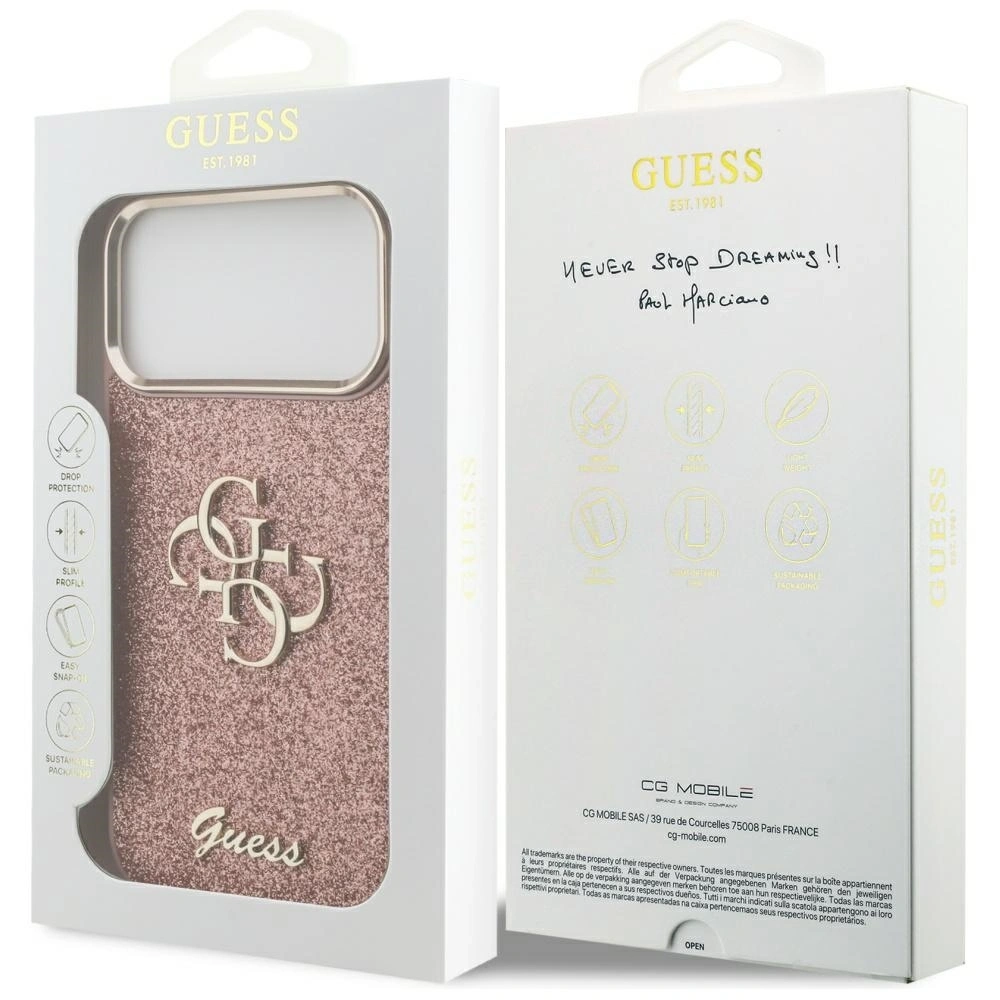 Etui Guess Fixed Glitter Big 4G Metal Frame do Apple iPhone 17 Pro Max różowy