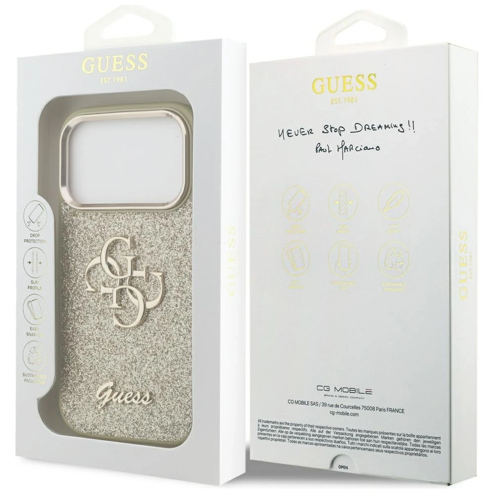 Etui Guess Fixed Glitter Big 4G Metal Frame do Apple iPhone 17 Pro złoty