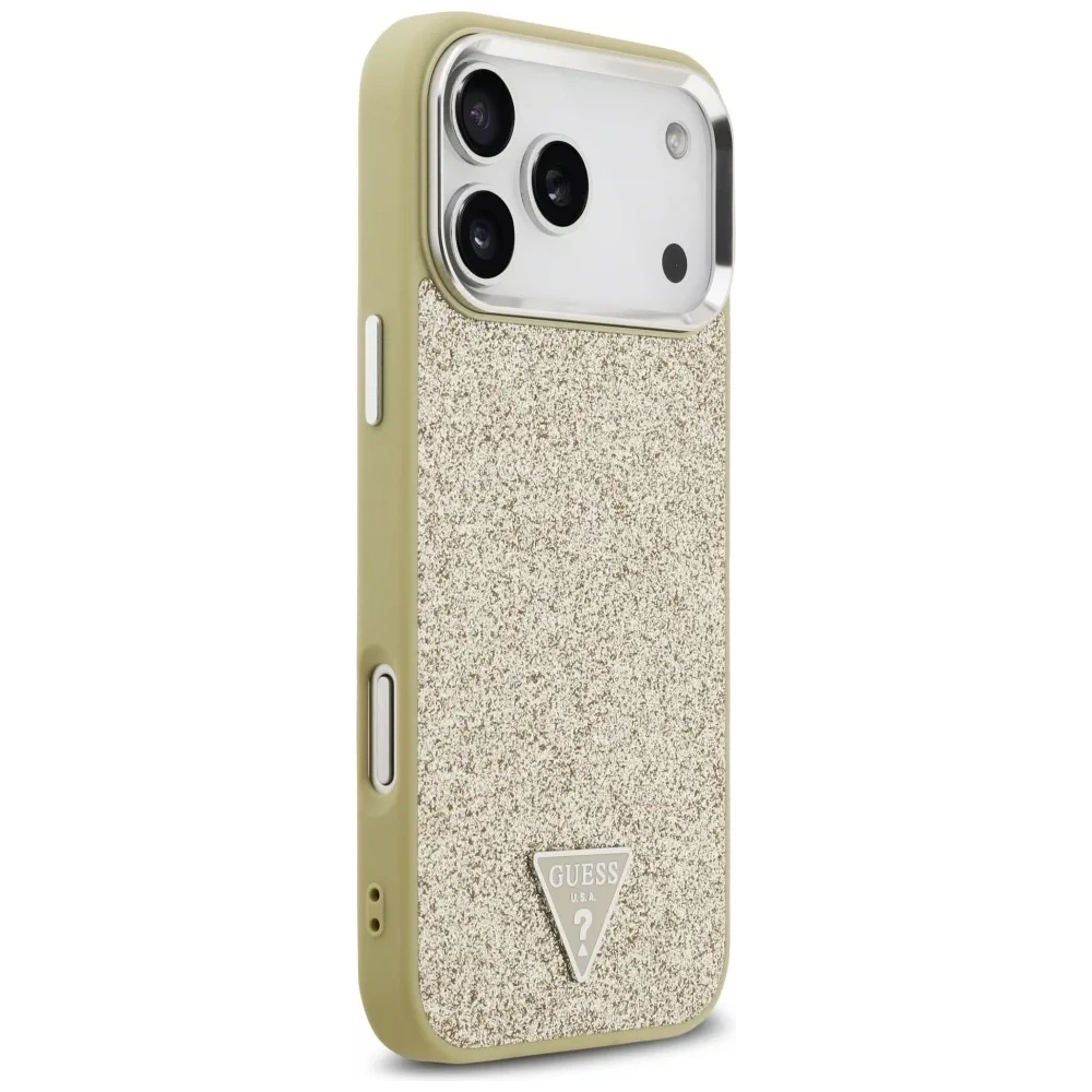Etui Guess Glitter Triangle Logo MagSafe do Apple iPhone 17 Pro Max złoty
