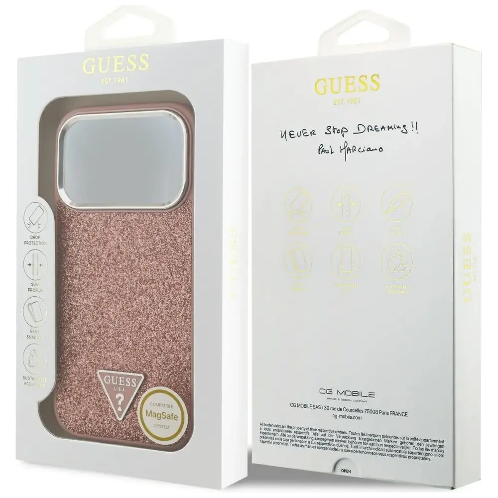 Etui Guess Glitter Triangle Logo MagSafe do Apple iPhone 17 Pro różowy
