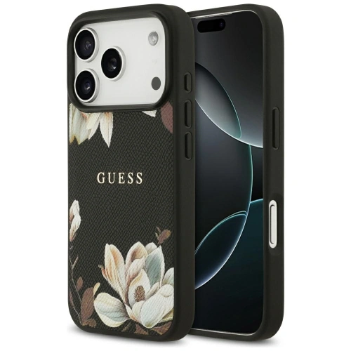 Etui Guess Grained Flowers Classic Logo MagSafe do Apple iPhone 17 Pro czarny