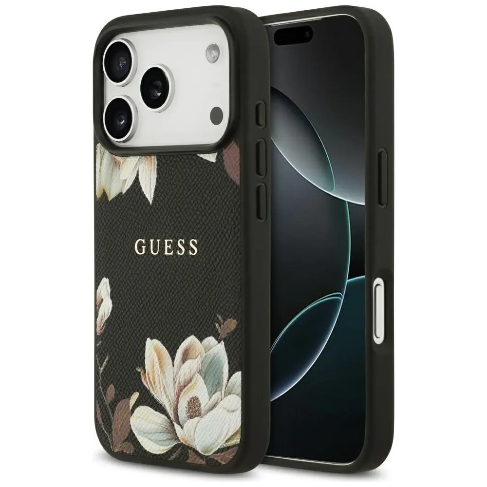 Etui Guess Grained Flowers Classic Logo MagSafe do Apple iPhone 17 Pro czarny