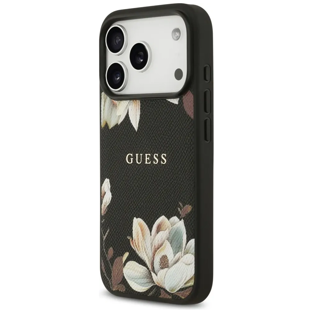 Etui Guess Grained Flowers Classic Logo MagSafe do Apple iPhone 17 Pro czarny