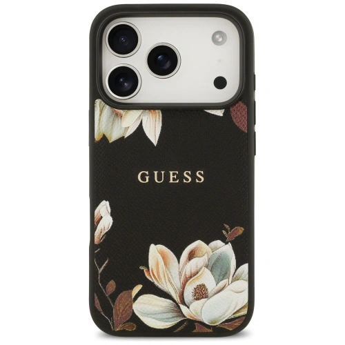 Etui Guess Grained Flowers Classic Logo MagSafe do Apple iPhone 17 Pro czarny