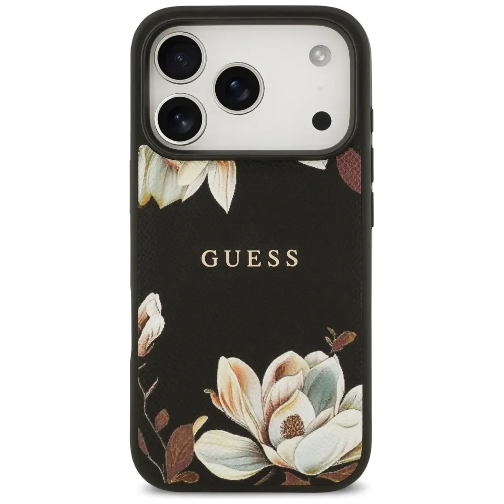 Etui Guess Grained Flowers Classic Logo MagSafe do Apple iPhone 17 Pro czarny