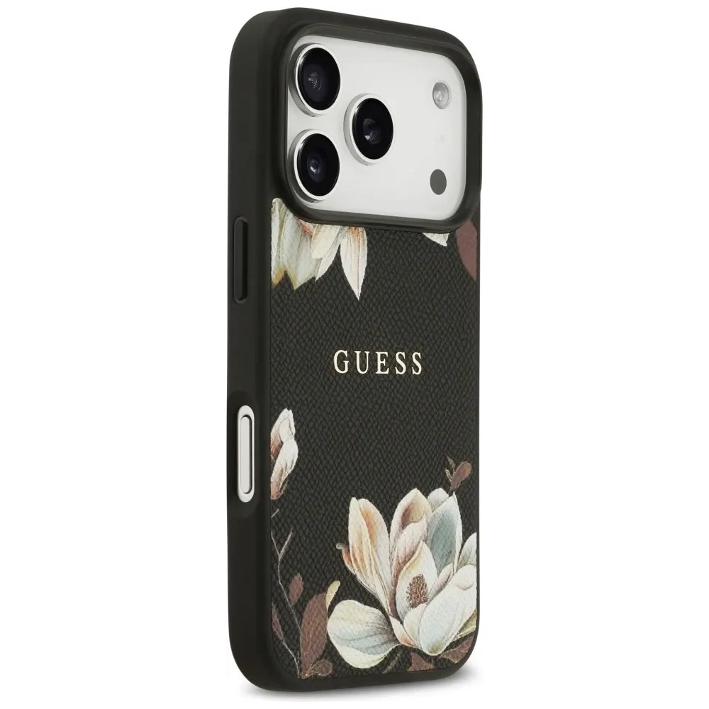 Etui Guess Grained Flowers Classic Logo MagSafe do Apple iPhone 17 Pro czarny