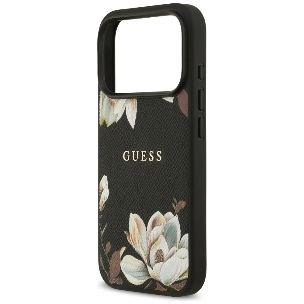 Etui Guess Grained Flowers Classic Logo MagSafe do Apple iPhone 17 Pro czarny