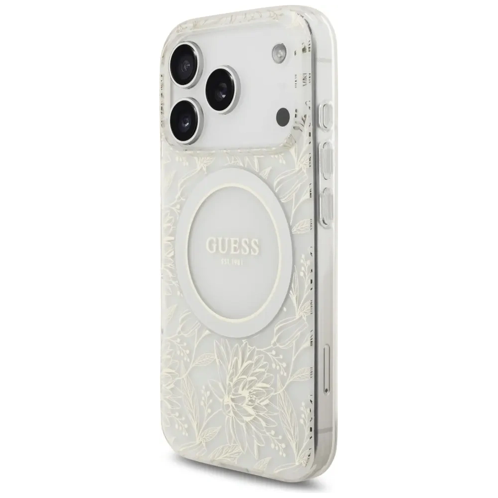Etui Guess IML Flowers Electro Pearl Strap MagSafe do Apple iPhone 17 Pro biały