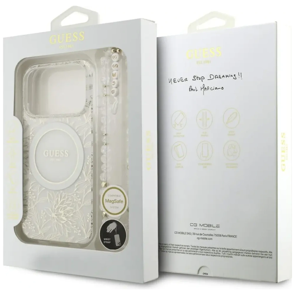 Etui Guess IML Flowers Electro Pearl Strap MagSafe do Apple iPhone 17 Pro biały