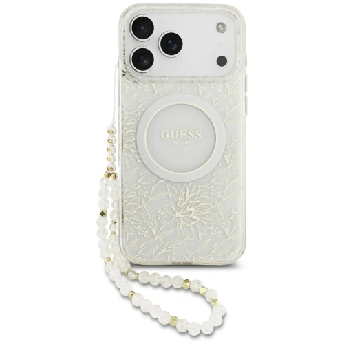 Etui Guess IML Flowers Electro Pearl Strap MagSafe do Apple iPhone 17 Pro Max biały