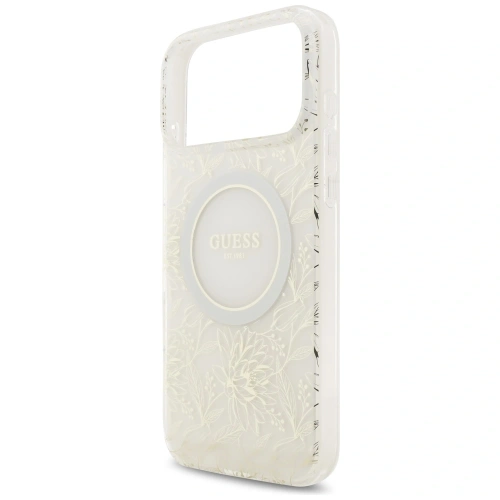 Etui Guess IML Flowers Electro Pearl Strap MagSafe do Apple iPhone 17 Pro Max biały