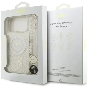 Etui Guess IML Flowers Electro Pearl Strap MagSafe do Apple iPhone 17 Pro Max biały