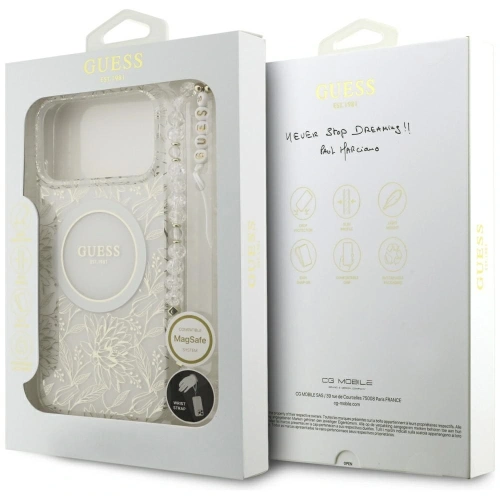 Etui Guess IML Flowers Electro Pearl Strap MagSafe do Apple iPhone 17 Pro Max biały