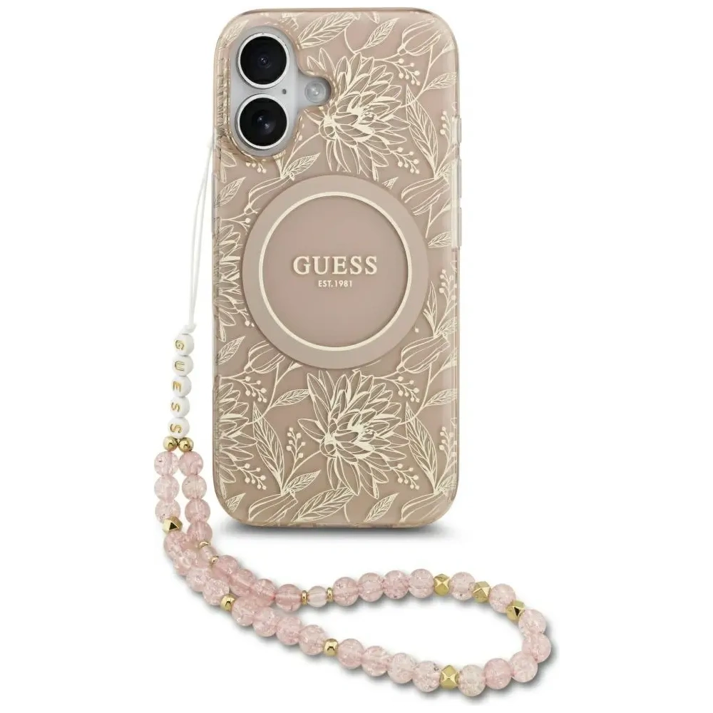 Etui Guess IML Flowers Electro Pearl Strap MagSafe do Apple iPhone 17 różowy