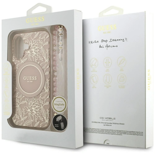 Etui Guess IML Flowers Electro Pearl Strap MagSafe do Apple iPhone 17 różowy
