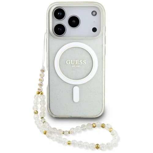 Etui Guess IML Glitter Pearl Strap MagSafe do Apple iPhone 17 Pro Max przezroczysty