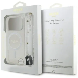 Etui Guess IML Glitter Pearl Strap MagSafe do Apple iPhone 17 Pro Max przezroczysty