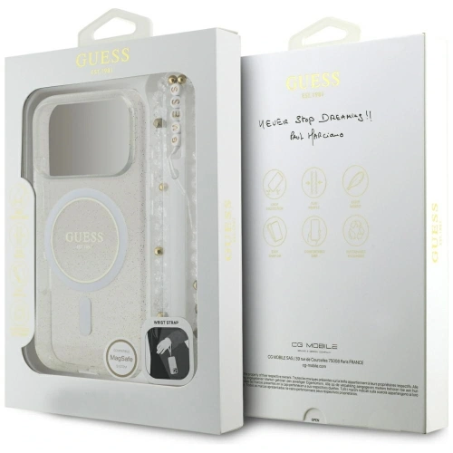 Etui Guess IML Glitter Pearl Strap MagSafe do Apple iPhone 17 Pro Max przezroczysty