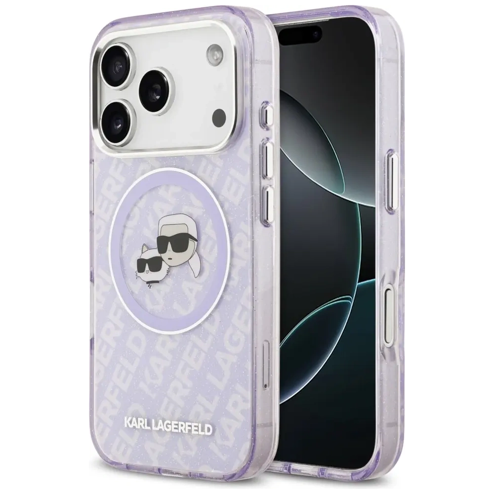 Etui Karl Lagerfeld IML Glitter Karl & Choupette Heads Logo MagSafe do Apple iPhone 17 Pro Max fioletowy