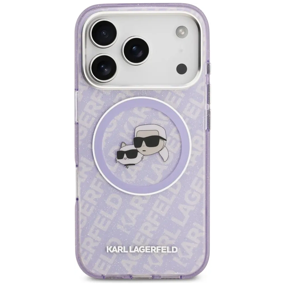 Etui Karl Lagerfeld IML Glitter Karl & Choupette Heads Logo MagSafe do Apple iPhone 17 Pro Max fioletowy