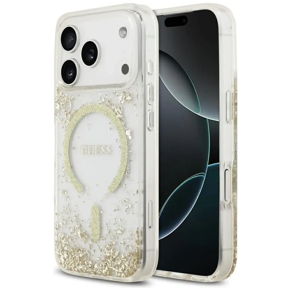 Etui Guess Resin Bottom Glitter MagSafe do Apple iPhone 17 Pro złoty