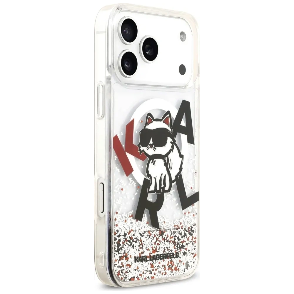 Etui Karl Lagerfeld Liquid Glitter Choupette Logo MagSafe do Apple iPhone 17 Pro Max przezroczysty