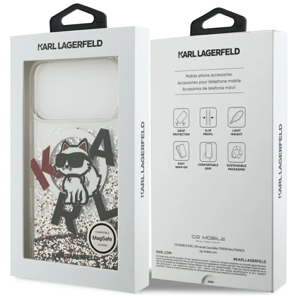 Etui Karl Lagerfeld Liquid Glitter Choupette Logo MagSafe do Apple iPhone 17 Pro Max przezroczysty