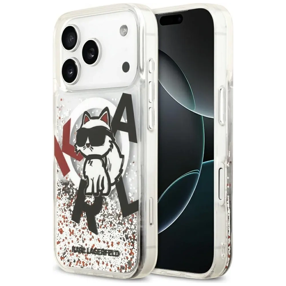 Etui Karl Lagerfeld Liquid Glitter Choupette Logo MagSafe do Apple iPhone 17 Pro przezroczysty