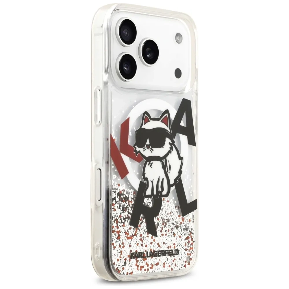 Etui Karl Lagerfeld Liquid Glitter Choupette Logo MagSafe do Apple iPhone 17 Pro przezroczysty