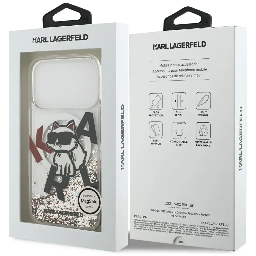 Etui Karl Lagerfeld Liquid Glitter Choupette Logo MagSafe do Apple iPhone 17 Pro przezroczysty