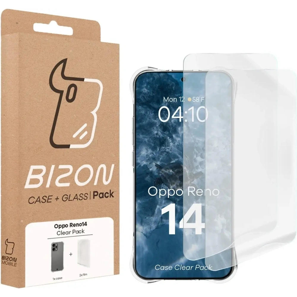 Elastyczne etui + 2x folia na ekran Bizon Case Clear Pack do Oppo Reno 14