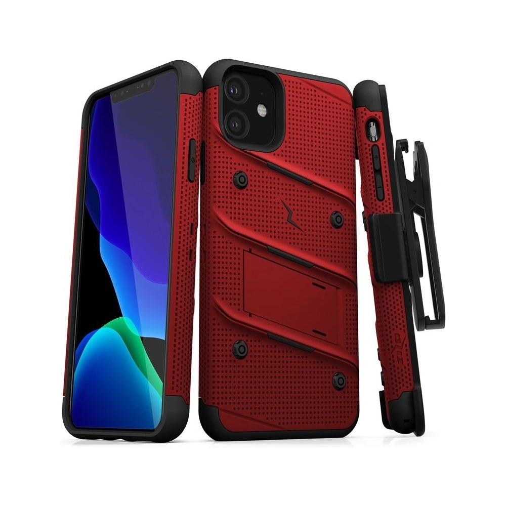 Pancerne etui Zizo Bolt Cover Apple iPhone 11 ze szkłem 9H na ekran + podstawka & uchwyt do paska (Red/Black)