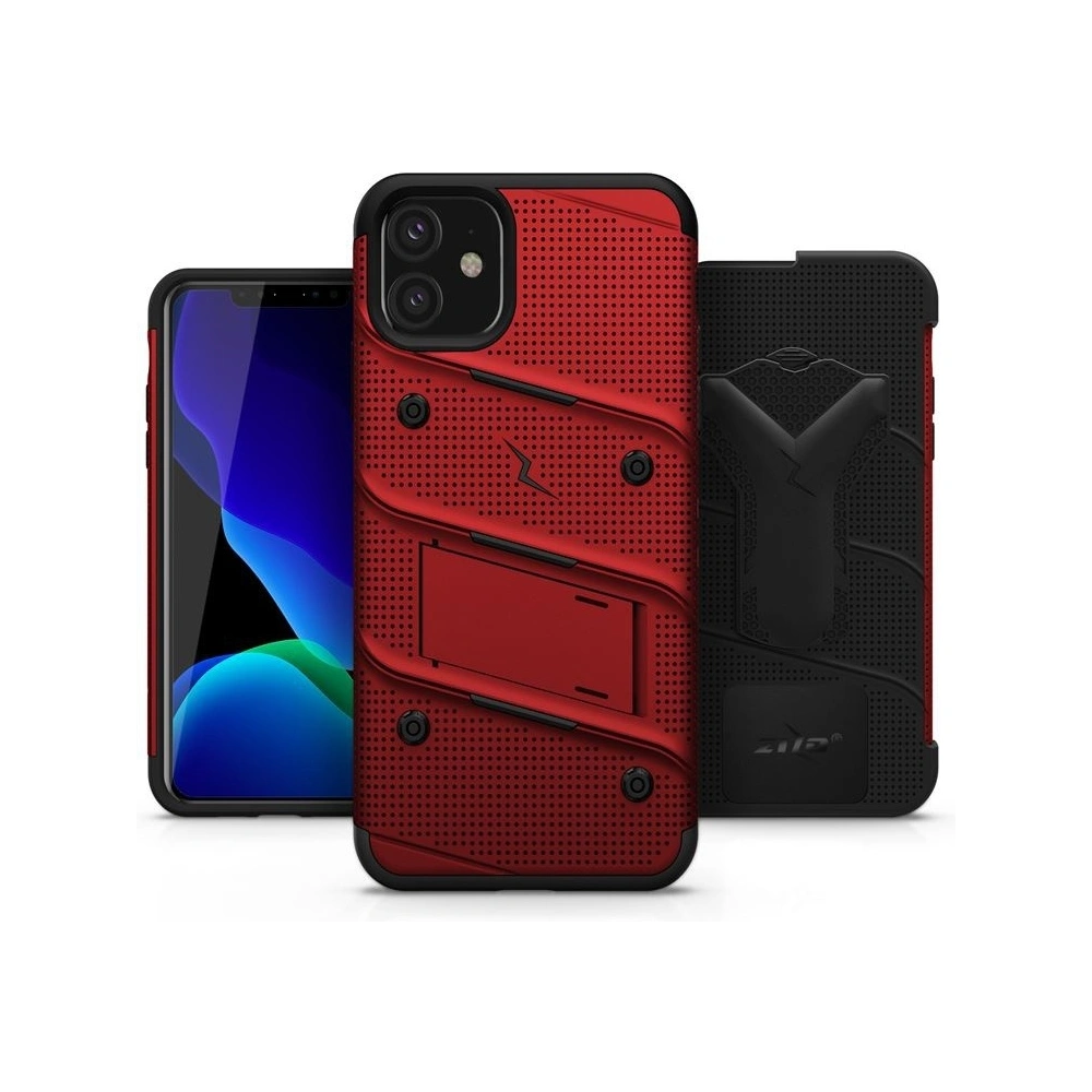 Pancerne etui Zizo Bolt Cover Apple iPhone 11 ze szkłem 9H na ekran + podstawka & uchwyt do paska (Red/Black)