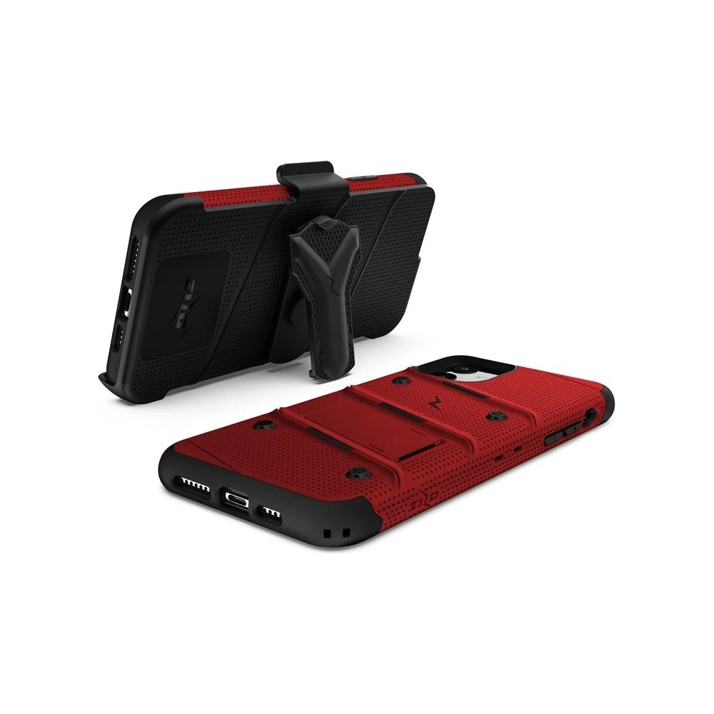Pancerne etui Zizo Bolt Cover Apple iPhone 11 ze szkłem 9H na ekran + podstawka & uchwyt do paska (Red/Black)