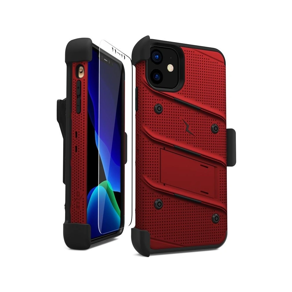 Pancerne etui Zizo Bolt Cover Apple iPhone 11 ze szkłem 9H na ekran + podstawka & uchwyt do paska (Red/Black)