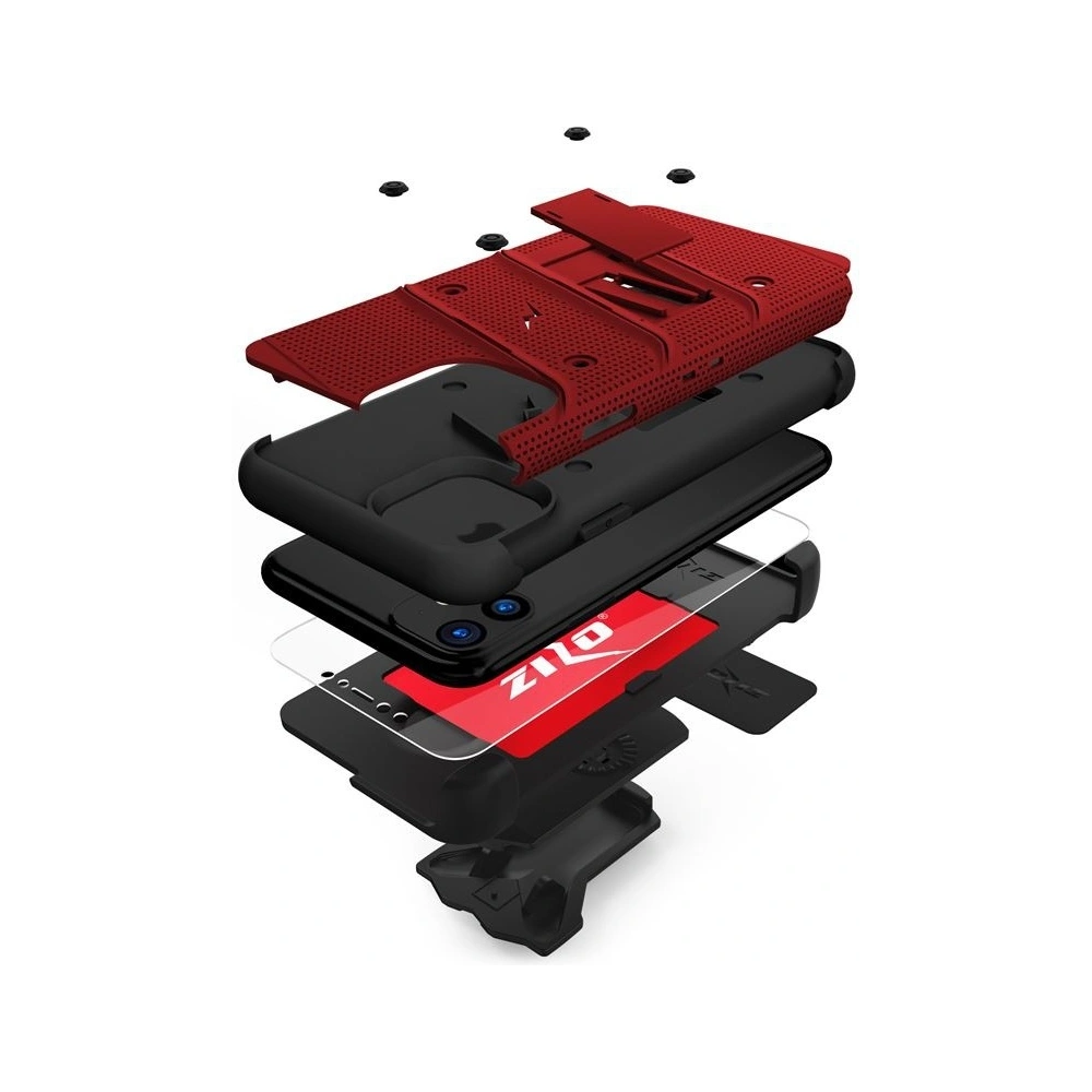 Pancerne etui Zizo Bolt Cover Apple iPhone 11 ze szkłem 9H na ekran + podstawka & uchwyt do paska (Red/Black)