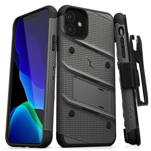 Kup Zizo Apple Panzerhülle Bolt Cover iPhone 11 mit 9H Glas für Bildschirm + Ständer & Gürtelclip (Metall Grau/Schwarz) - ZIZ008GRYBLK - {ean13} - Sklep Home Screen
