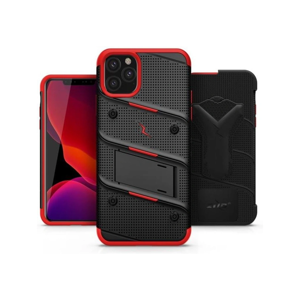 Pancerne etui Zizo Bolt Cover Apple iPhone 11 Pro ze szkłem 9H na ekran + podstawka & uchwyt do paska (Black/Red)