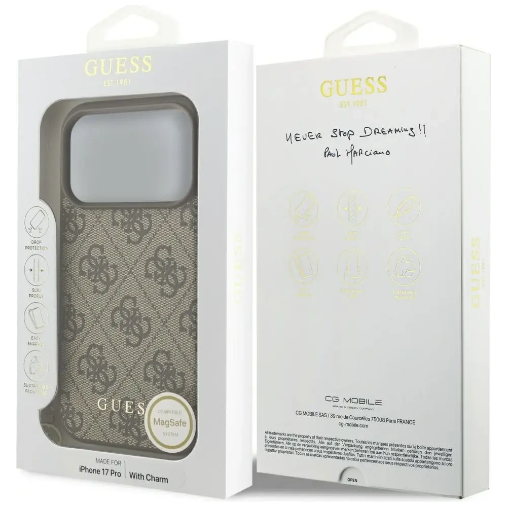 Etui Guess 4G Charms Collection MagSafe do Apple iPhone 17 Pro brązowy