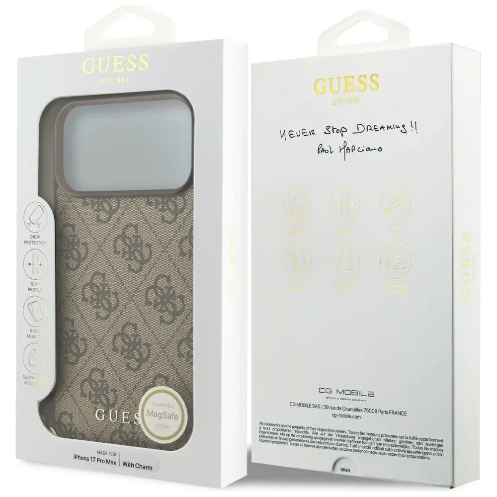 Etui Guess 4G Charms Collection MagSafe do Apple iPhone 17 Pro Max brązowy