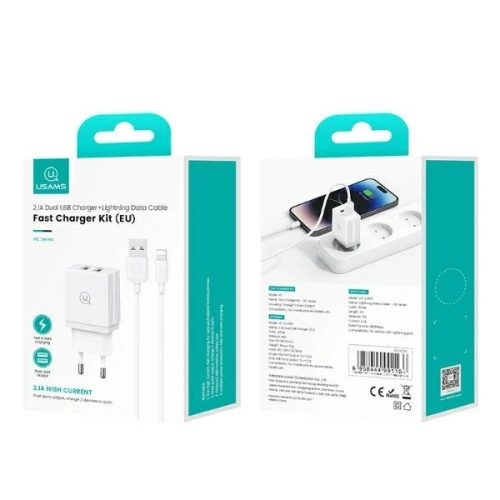 Ładowarka sieciowa USAMS 2xUSB-A 18W + kabel USB-A / Lightning Fast Charging biały