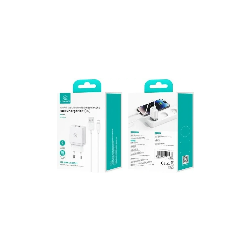 Ładowarka sieciowa USAMS 2xUSB-A 18W + kabel USB-A / Lightning Fast Charging biały