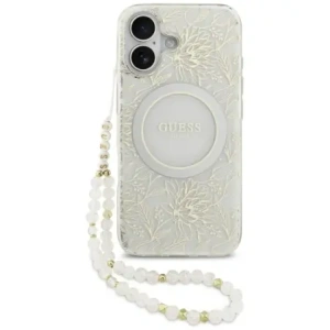 Etui Guess IML Flowers Electro Pearl Strap MagSafe do Apple iPhone 17 biały