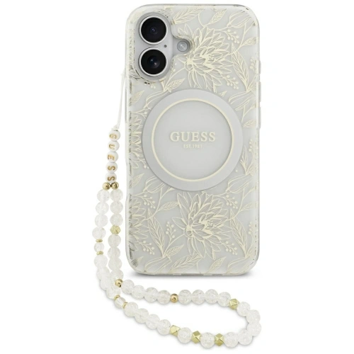 Etui Guess IML Flowers Electro Pearl Strap MagSafe do Apple iPhone 17 biały