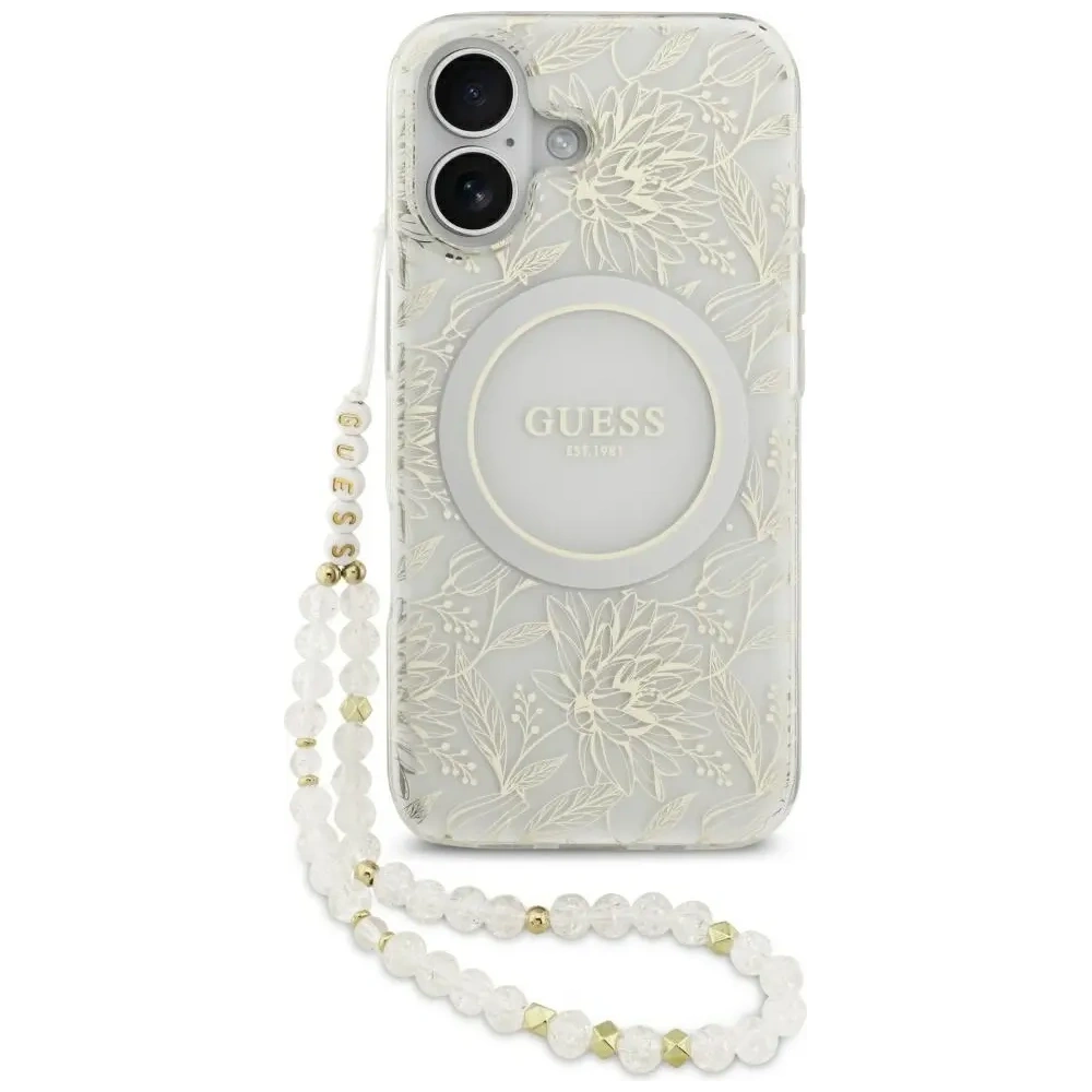 Etui Guess IML Flowers Electro Pearl Strap MagSafe do Apple iPhone 17 biały