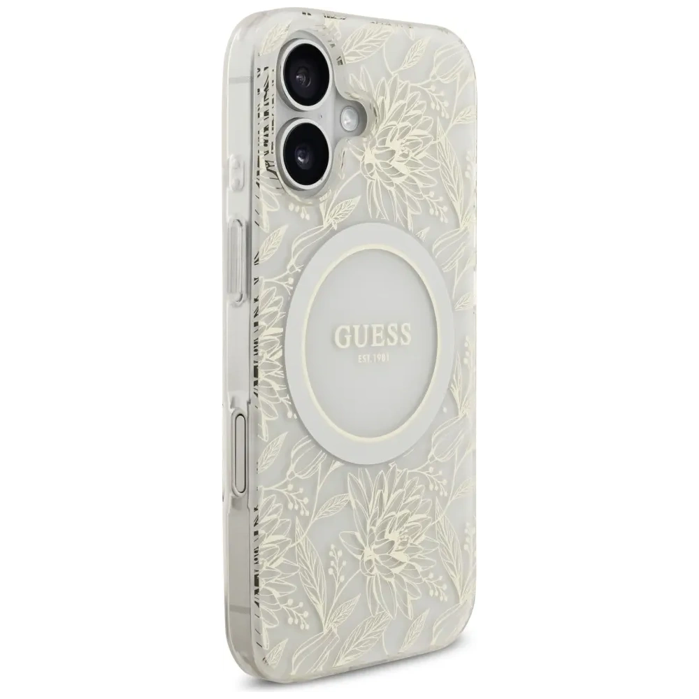 Etui Guess IML Flowers Electro Pearl Strap MagSafe do Apple iPhone 17 biały