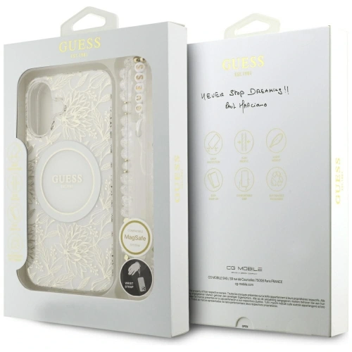 Etui Guess IML Flowers Electro Pearl Strap MagSafe do Apple iPhone 17 biały